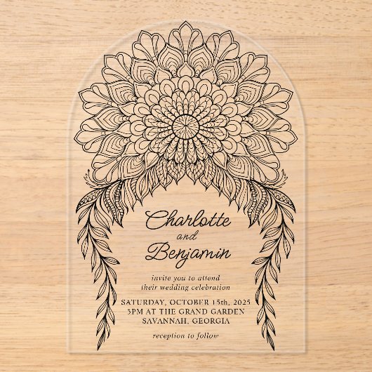 Black Boho Mandala Leafy Vine Wedding Acryl Uitnodigingen (Voorkant)