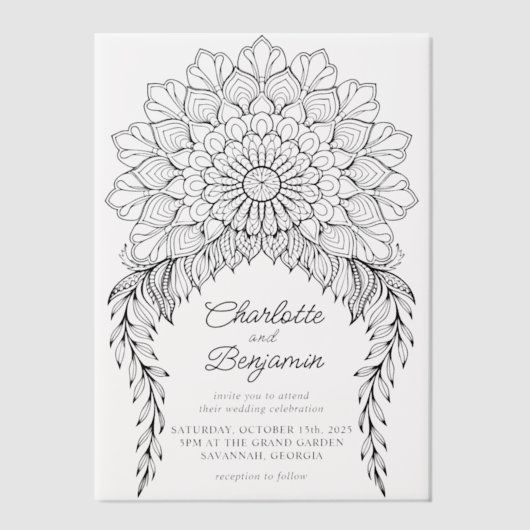 Black Boho Mandala Leafy Vine Wedding Vellum Uitnodigingen (Voorkant)