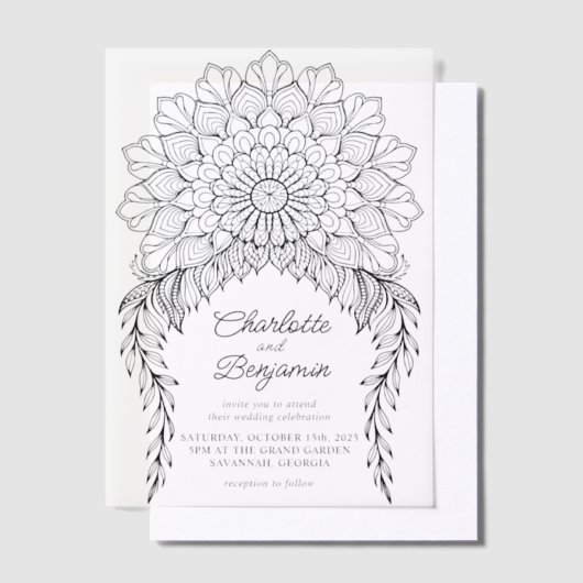 Black Boho Mandala Leafy Vine Wedding Vellum Uitnodigingen (Offset)