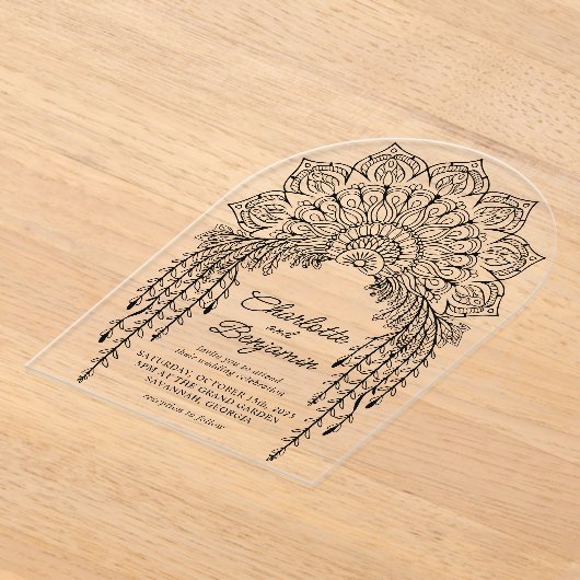 Black Boho Mandala Modern Wedding Acryl Uitnodigingen (Laagn)