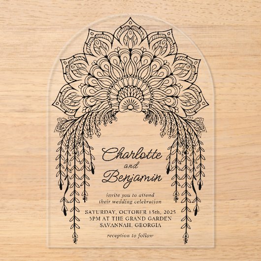 Black Boho Mandala Modern Wedding Acryl Uitnodigingen (Voorkant)