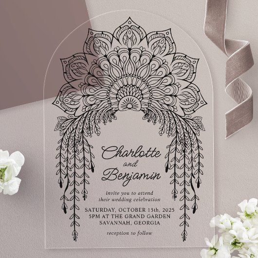Black Boho Mandala Modern Wedding Acryl Uitnodigingen