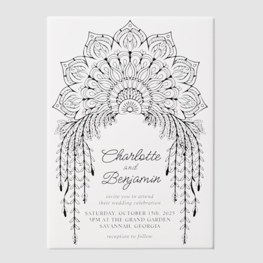Black Boho Mandala Modern Wedding Vellum Uitnodigingen (Voorkant)