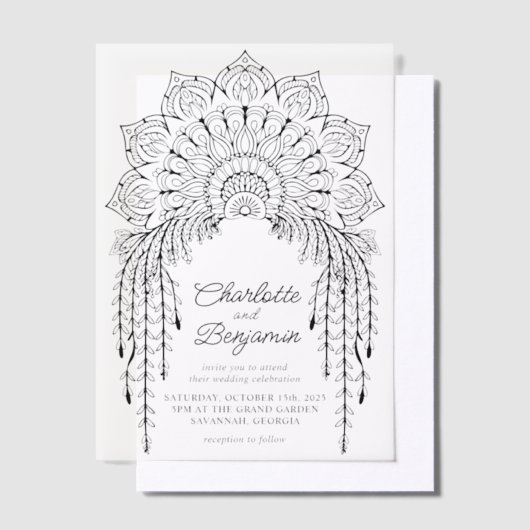 Black Boho Mandala Modern Wedding Vellum Uitnodigingen (Offset)