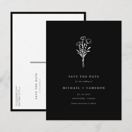 Black Boho Minimalist Botanical Bewaar de datum Aankondigingskaart (Voorkant / Achterkant)