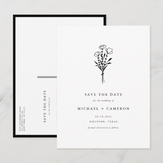 Black Boho Minimalist Botanical Bewaar de datum Aankondigingskaart (Voorkant / Achterkant)