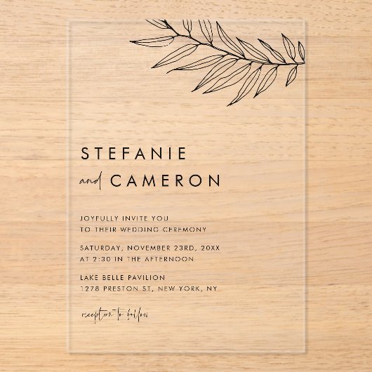 Black Boho Minimalist Foliage Wedding Acryl Uitnodigingen (Voorkant)