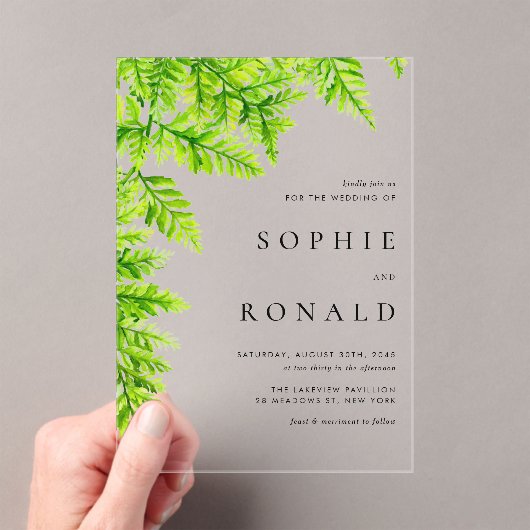 Black Boho Minimalist Foliage Wedding Acryl Uitnodigingen (Insitu (Draagbaar))