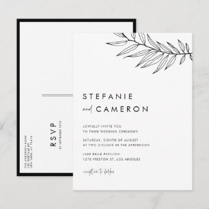 Black Boho Minimalist Foliage Wedding Uitnodiging Briefkaart
