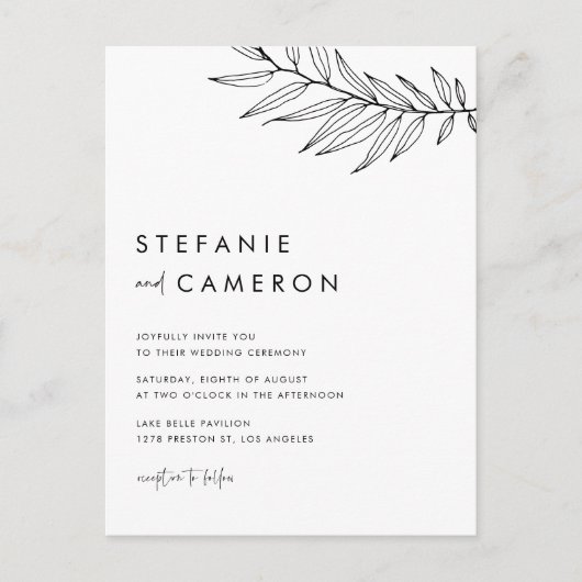 Black Boho Minimalist Foliage Wedding Uitnodiging Briefkaart (Voorkant)
