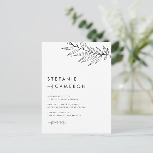 Black Boho Minimalist Foliage Wedding Uitnodiging Briefkaart (Staand voorkant)