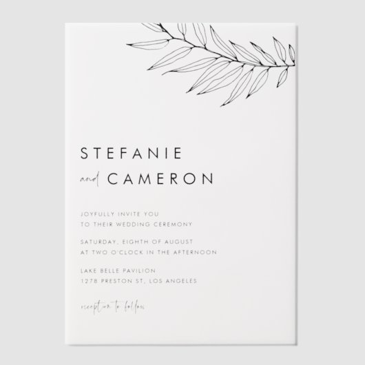 Black Boho Minimalist Foliage Wedding Vellum Uitnodigingen (Voorkant)