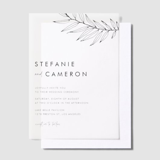 Black Boho Minimalist Foliage Wedding Vellum Uitnodigingen (Offset)