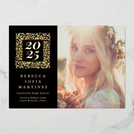 Black Boho Natural Photo Afstuderen aangekondigd Folie Uitnodiging (Voorkant)