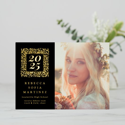 Black Boho Natural Photo Afstuderen aangekondigd Folie Uitnodiging (Staand Voorkant)
