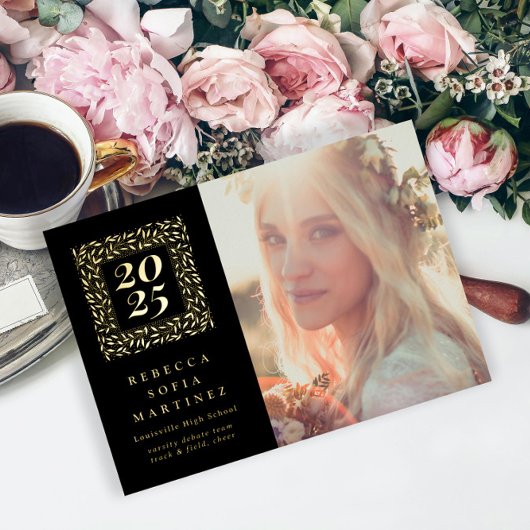 Black Boho Natural Photo Afstuderen aangekondigd Folie Uitnodiging