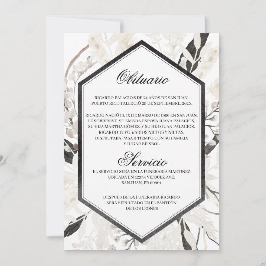 black boho overlijdensbericht spaanse uitnodiging (Achterkant)