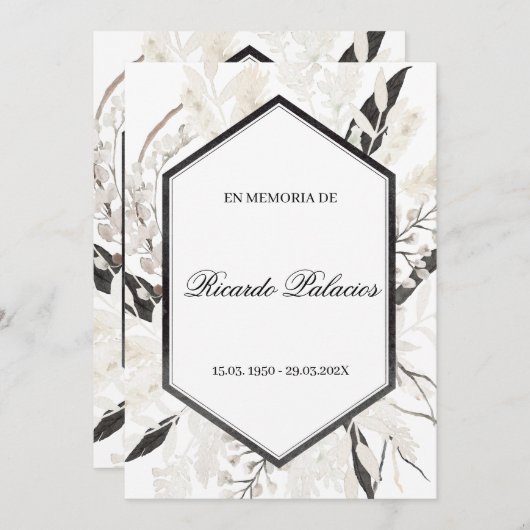 black boho overlijdensbericht spaanse uitnodiging (Voorkant / Achterkant)
