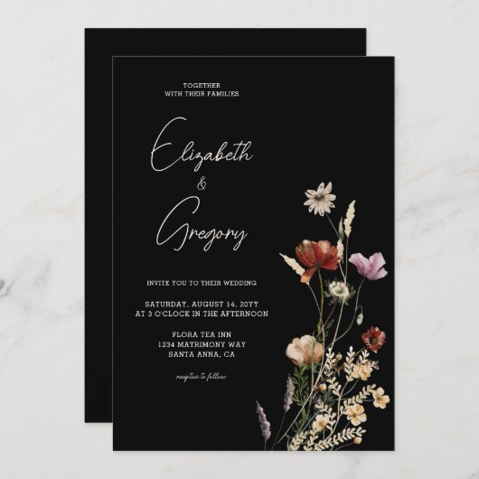 Black Boho Wildflower bruiloft uitnodiging (Voorkant / Achterkant)