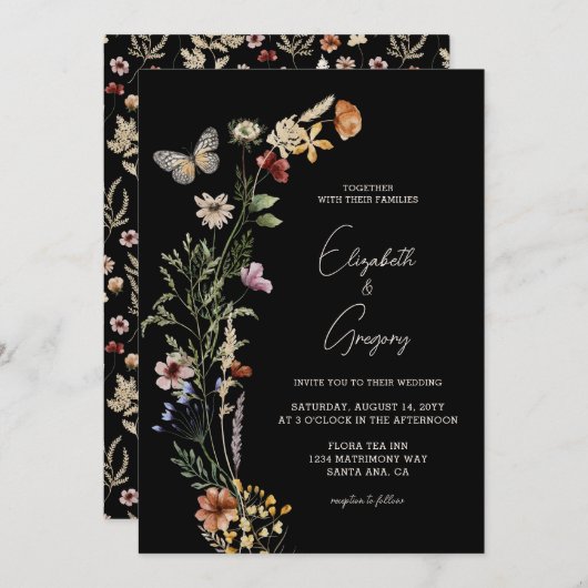 Black Boho Wildflower bruiloft uitnodiging (Voorkant / Achterkant)