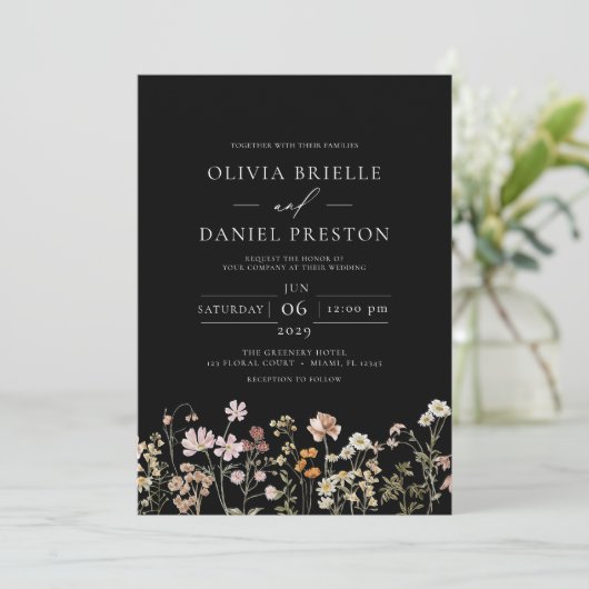 Black Boho Wildflower Garden Wedding Kaart (Staand voorkant)
