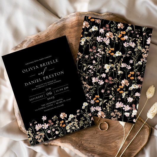 Black Boho Wildflower Garden Wedding Kaart