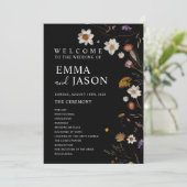 Black Boho Wildflower huwelijksprogramma Kaart (Staand voorkant)