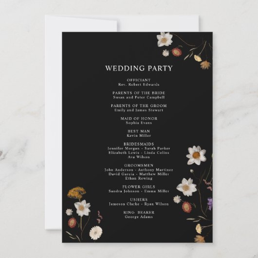 Black Boho Wildflower huwelijksprogramma Kaart (Achterkant)