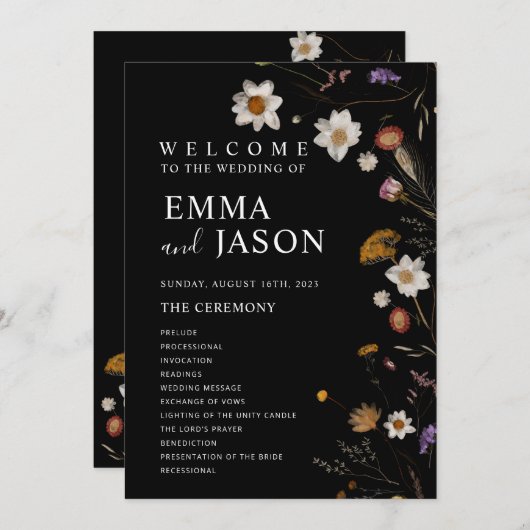 Black Boho Wildflower huwelijksprogramma Kaart (Voorkant / Achterkant)