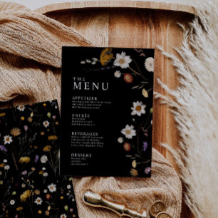 Black Boho Wildflower Menu Kaarten