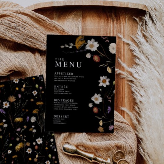 Black Boho Wildflower Menu Kaarten
