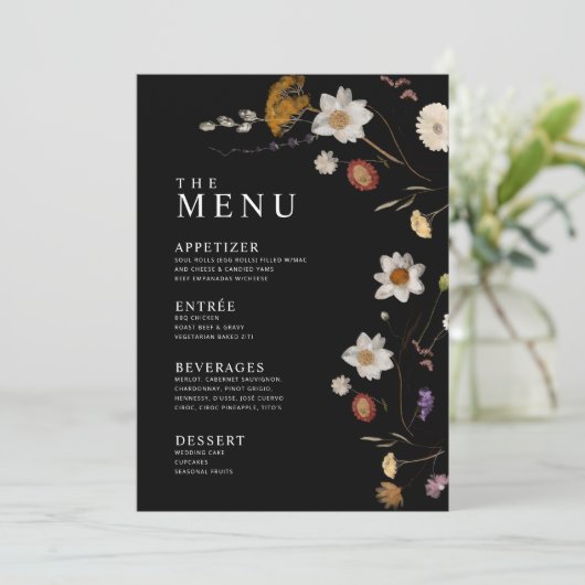 Black Boho Wildflower Menu Kaarten (Staand voorkant)