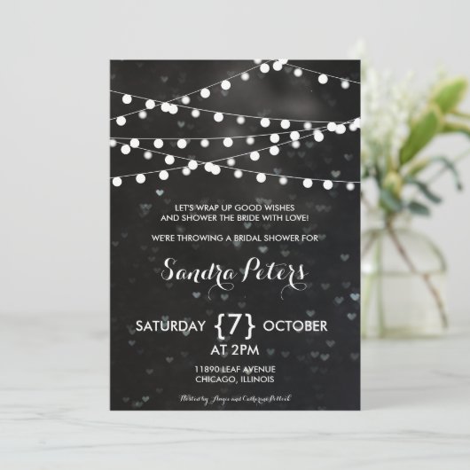 Black Bokeh String of Lights Vrijgezellenfeest nod Kaart (Staand voorkant)