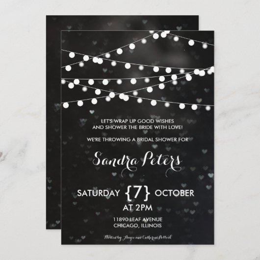 Black Bokeh String of Lights Vrijgezellenfeest nod Kaart (Voorkant / Achterkant)