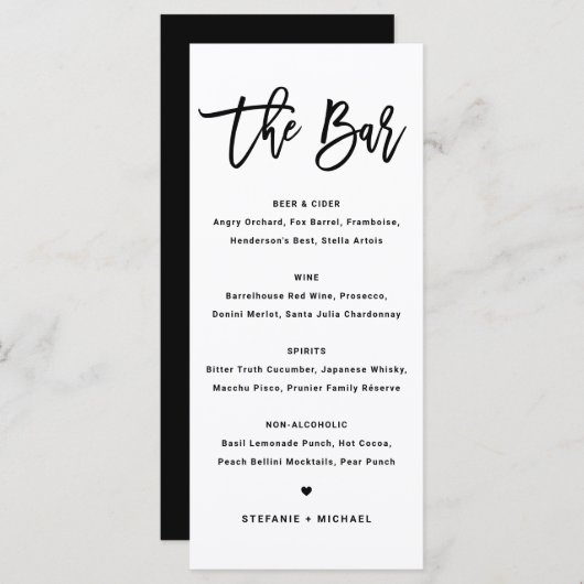 Black Bold Modern Calligraphy Wedding Bar Menu (Voorkant / Achterkant)