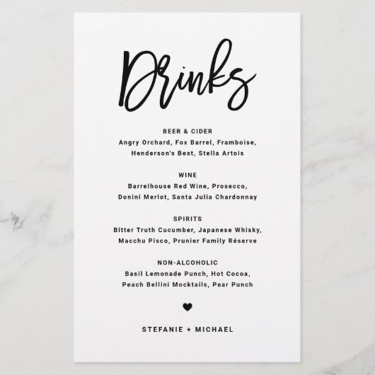 Black Bold Modern Calligraphy Wedding Drinken Menu (Voorkant)
