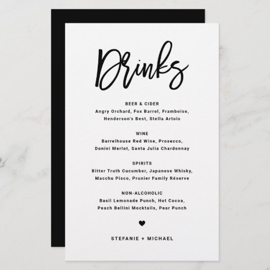 Black Bold Modern Calligraphy Wedding Drinken Menu (Voorkant / Achterkant)