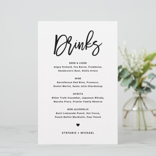 Black Bold Modern Calligraphy Wedding Drinken Menu (Staand voorkant)
