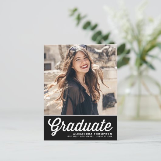Black Bold Retro Script Photo Afstuderen Briefkaart (Staand voorkant)
