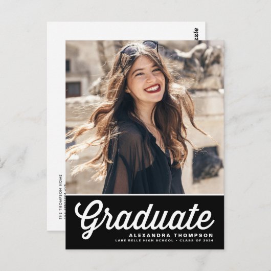 Black Bold Retro Script Photo Afstuderen Briefkaart (Voorkant / Achterkant)