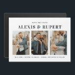 Black Bold Typography Three Photo Save the Date Magnetische Uitnodiging<br><div class="desc">Show off your style with this customizable photo Save the Date magnet featuring bold retro typography and a three-photo layout. Add your names, wedding date, and location alongside three of your favorite photos to create a unique and memorable announcement. The retro type adds a fun, vintage-inspired vibe, while the multi-photo...</div>