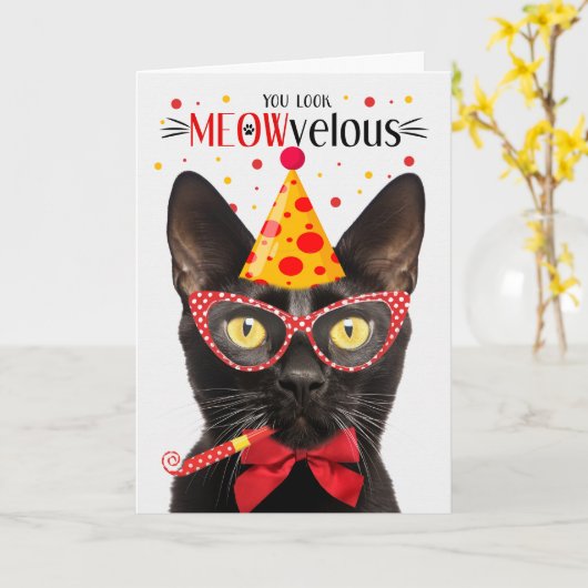 Black Bombay Kat MEOWvelous Verjaardag Kaart (Gele Bloem)