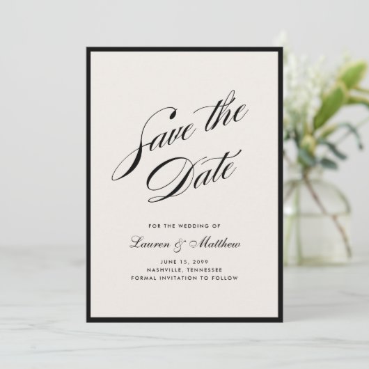 Black Border Ivory Modern Save the Date Kaart (Staand voorkant)