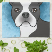 Black Boston Terrier Cartoon Dog Head op Blue Theedoek (Gevouwen)