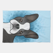 Black Boston Terrier Cartoon Dog Head op Blue Theedoek (Horizontaal)