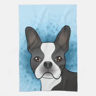 Black Boston Terrier Cartoon Dog Head op Blue Theedoek