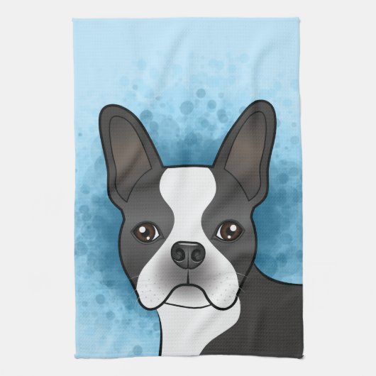 Black Boston Terrier Cartoon Dog Head op Blue Theedoek (Verticaal)