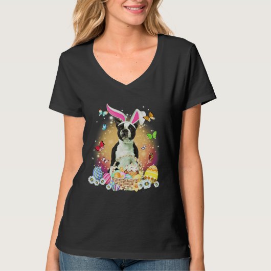 Black Boston Terrier Dog Bunny Easter Eggs Basket  T-shirt (Voorkant)