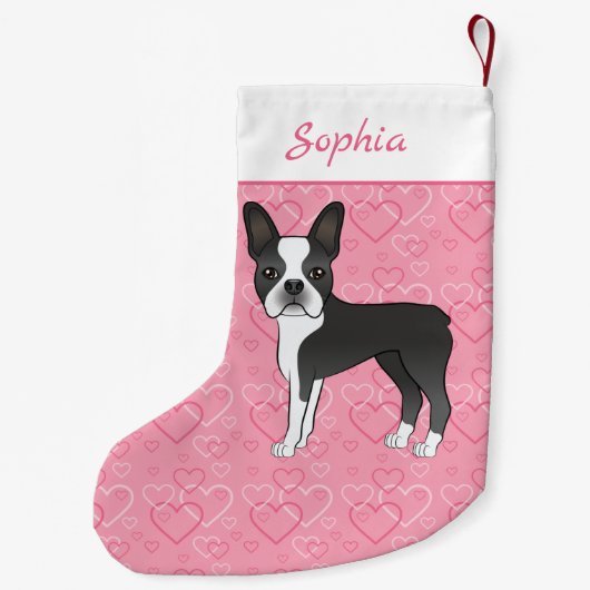 Black Boston Terrier Dog op roze harten en naam Kleine Kerstsok (Achterkant)