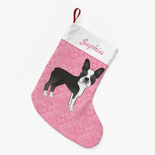 Black Boston Terrier Dog op roze harten en naam Kleine Kerstsok (Voorkant (Hangend))